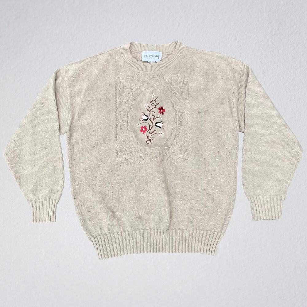 Vintage 90s beige floral embroidered crew neck sweater, cottagecore boho chic